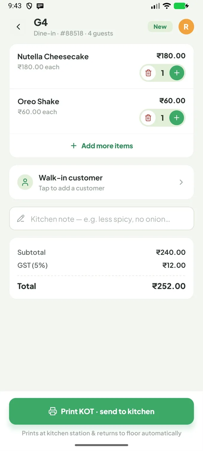 An order for table G4 with items, GST and a Print KOT button