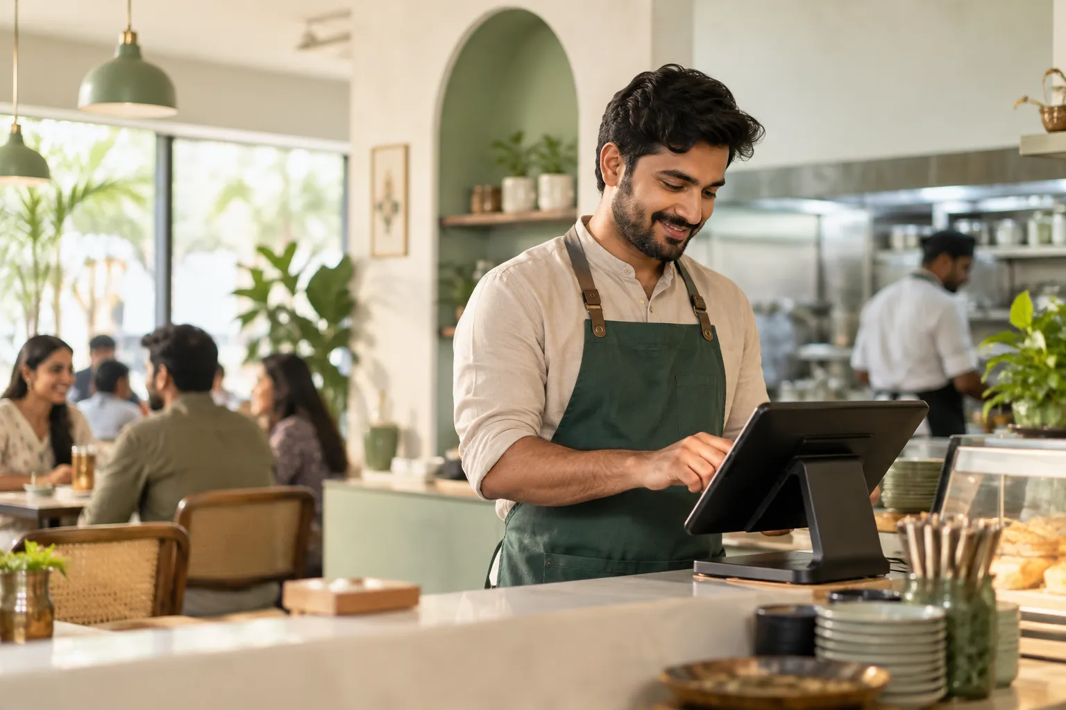 Restaurant owner using EzyResto at the counter