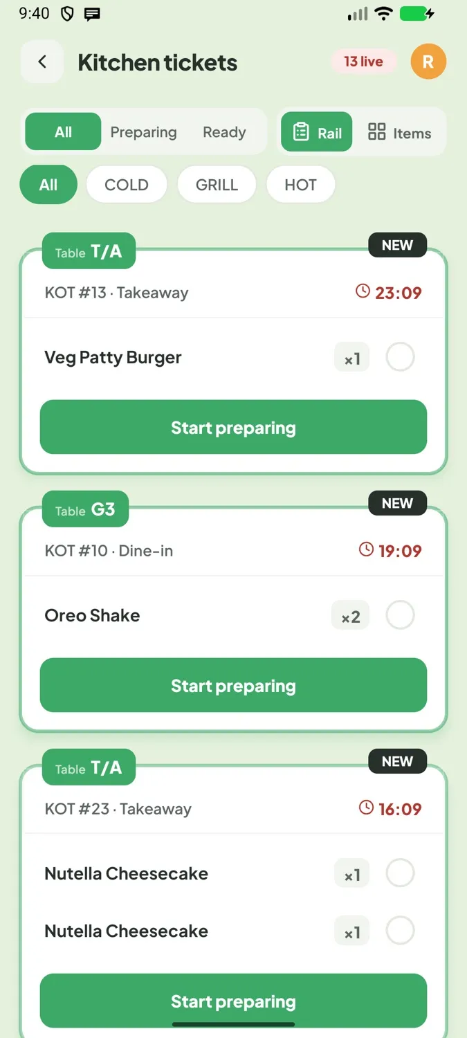 Kitchen tickets for dine-in and takeaway orders with Start preparing buttons